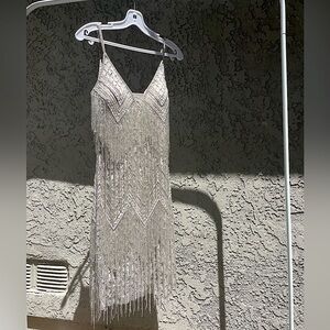 Silver Beaded Fringe Mini Dress - Elegant V-Neck Party Dress